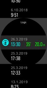 Szczegóły i profil rejestrów nurkowań można przeglądać przewijając listę rejestrów przy użyciu górnego lub dolnego przycisku i zatwierdzając wybór rejestru przy użyciu przycisku