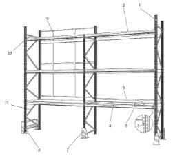 2.Budowa Regału 1 słup 2 trawers 3 zawleczka 4 półka 5 poprzeczka 6 ogranicznik wysuwu palet 7 osłona słupa (odbojnik) 8 osłona ramy 9 siatka zabezpieczająca 10 horyzontal 11 diagona 3.