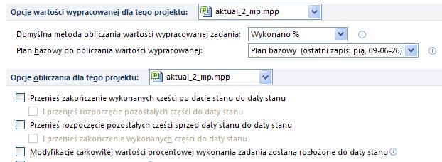 Rysunek 4.8. Opcje wartości wypracowanej w programie MS Project 2010 W zakładce zaawansowane (rys. 4.8) w części dotyczącej wykonywania obliczeń należy zadbać o ustawienia wszystkich wymienionych opcji.