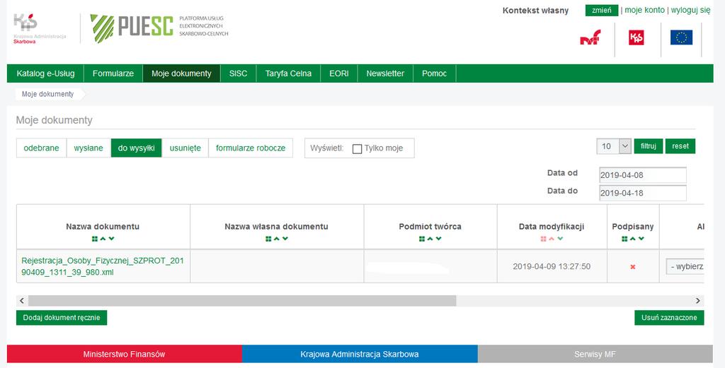 Po wygenerowaniu dokumentu (zapisaniu) trafia on do zakładki w PUESC Moje dokumenty do wysyłki.