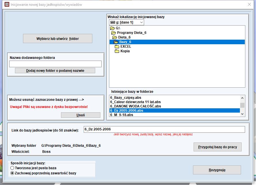 3.2.1 Opcje Plik->Nowa baza (badanie) i Plik->Nowa baza diet Użytkownicy z uprawnieniami A i B mogą zainicjować bazy do przechowywania wyników z różnych badań/jadłospisów, które planujemy wykorzystać