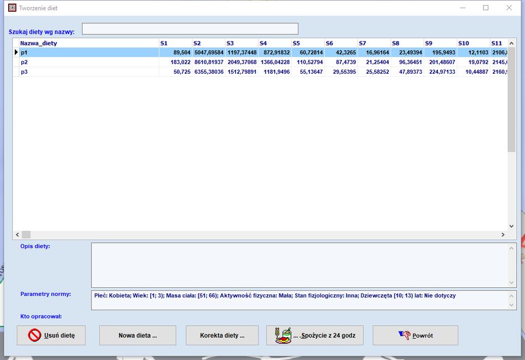 5. Opcja Tworzenie diet Diety rozumiane tu są jako gotowce do tworzenia jadłospisów lub ich fragmentów. Nie są przypisane do konkretnych osób ani do czasu.