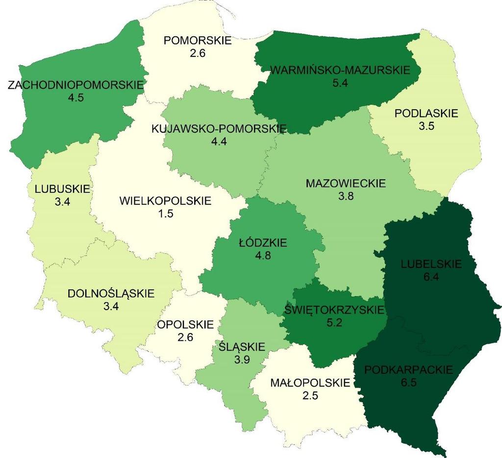 Stopa bezrobocia wg BAEL w województwach (w %) /III kw. 2018 r.