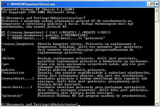 Wpisz at 20:00 /every:w backup. Wyświetla się "Dodano nowe zadanie o identyfikatorze = 1". Wpisz at\\nazwa_komputera.