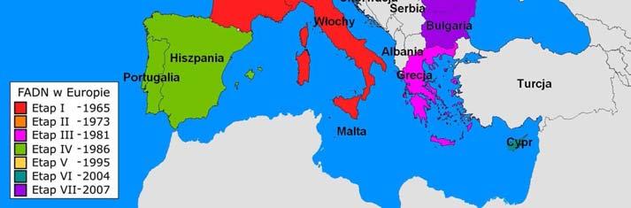 W początkowej fazie (etap I) system zaistniał w sześciu krajach załoŝycielskich (w Belgii, we Francji, w Holandii, w Luksemburgu, w Niemczech i we Włoszech), a po poszerzeniu w 1973 r.