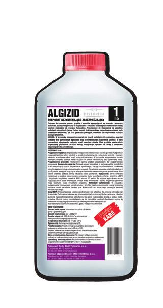 ALGIZID Preparat do usuwania glonów i grzybów /do odkażania/ PRODUKTY UZUPEŁNIAJĄCE Wysoka skuteczność w usuwaniu większości glonów i grzybów występujących w naszym klimacie; Uniwersalne zastosowanie