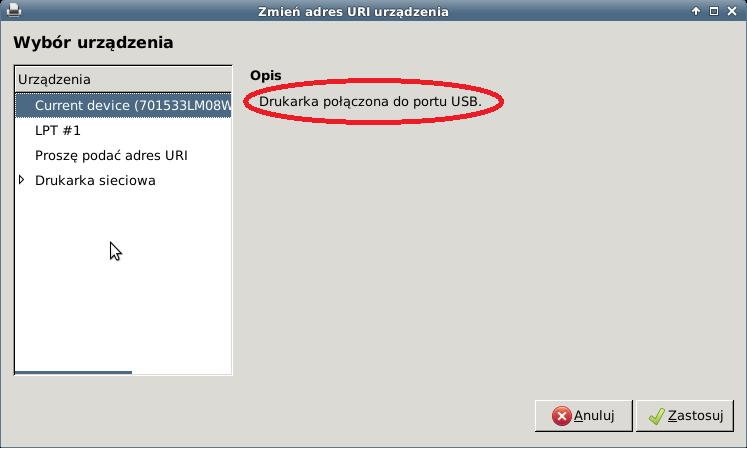 Ukazuje się poniższe okno z wyborem urządzenia, automatycznie powinien pojawić się napis Drukarka połączona do portu USB (Jeśli ten napis nie