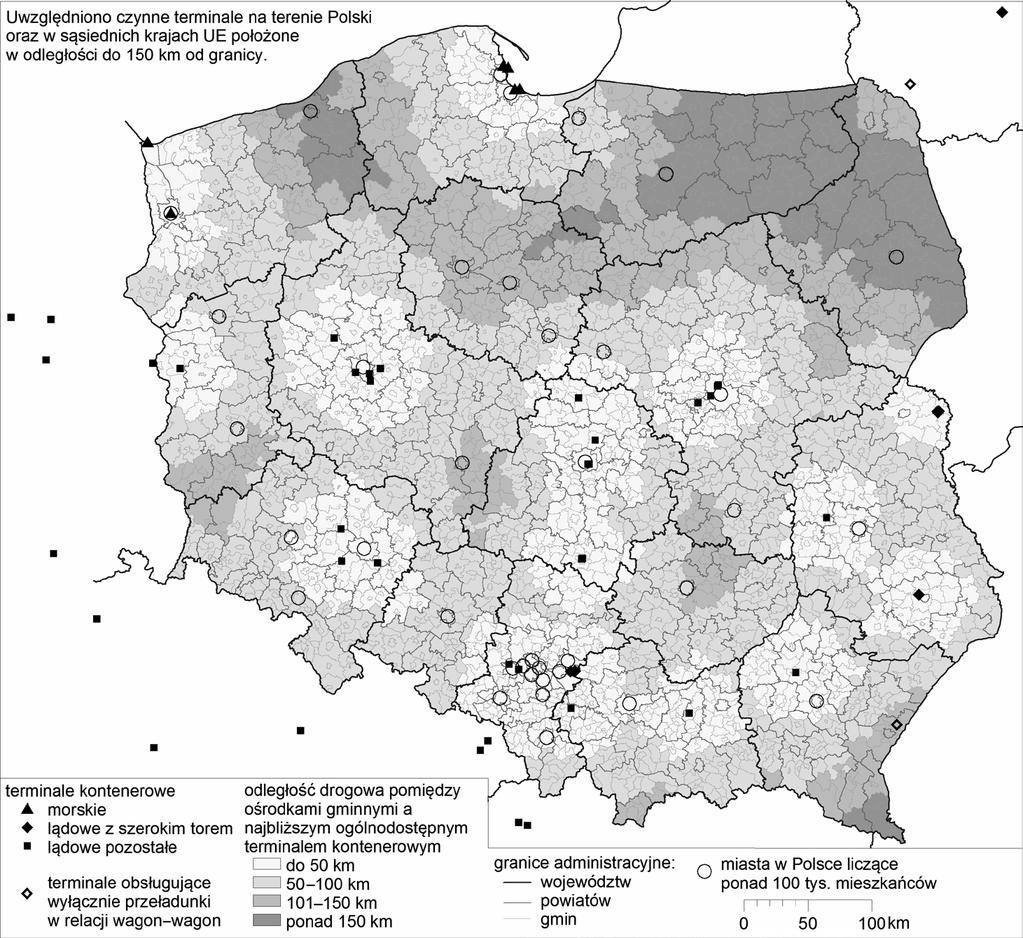 Rozmieszczenie i charakterystyka terminali kontenerowych w Polsce oraz propozycje lokalizacji nowych obiektów Z Bydgoszczy do terminalu DCT w Gdańsku było ponad 7 km, zaś do terminali PKP Cargo w