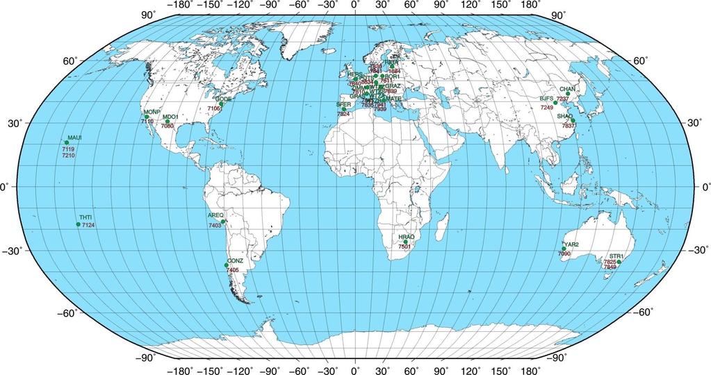 31 stacji podwójnych rozmieszczonych na terenie całego świata: Lp. SLR GPS Lp.