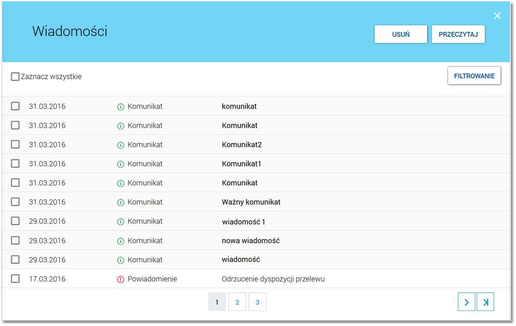 Page4 Po wybraniu ikony znajdującej się w nagłówku systemu wyświetlana jest lista wszystkich wiadomości oraz powiadomień systemowych z ostatnich 3 miesięcy.
