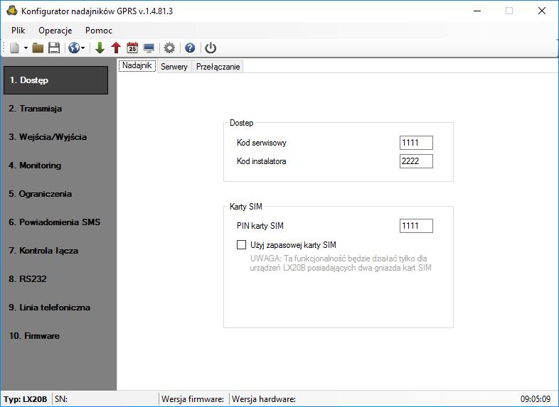 7. PARAMETRY PROGRAMOWALNE Parametry dostępne w programie konfiguracyjnym zostały podzielone na grupy: Dostęp, Transmisja, Wejścia/Wyjścia, Monitoring, Ograniczenia, Powiadomienia SMS, Kontrola