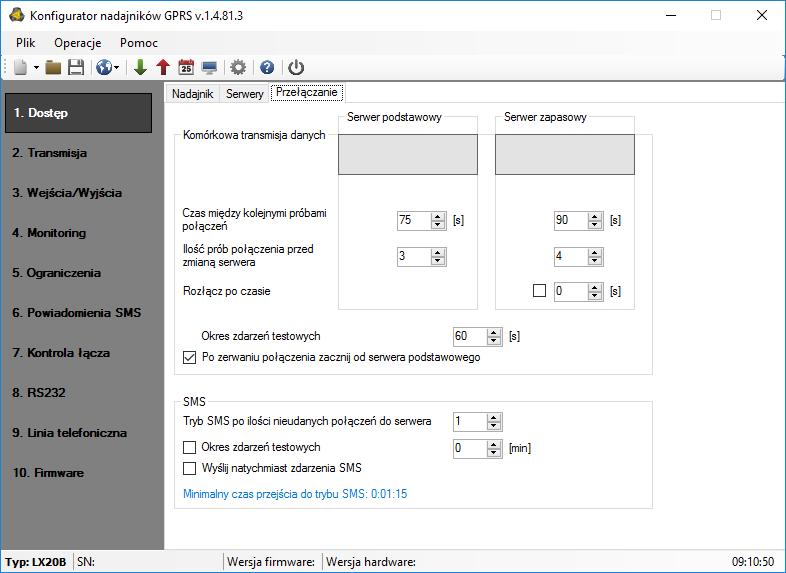 7.1.3. Przełączanie Po uzupełnieniu danych w zakładce Serwery w szarym polu zostaną wyświetlone adres i port serwera podstawowego oraz adres i port serwera zapasowego. 7.1.3.1. Komórkowa transmisja