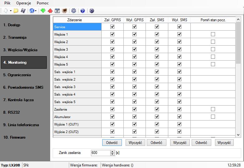 7.4. MONITORING Opcja ta pozwala na określenie, które z dostępnych sygnałów, generowanych przez urządzenie, będzie przekazywane do stacji monitorowania.