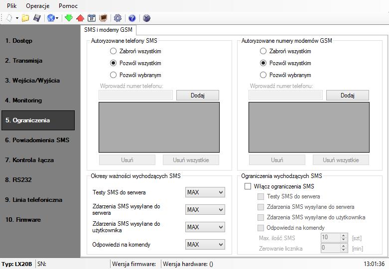 7.5. OGRANICZENIA W części tej można zdefiniować ograniczenia dla numerów z których wysyłane są do nadajnika SMSy z komendami oraz nawiązywane są połączenia CSD.