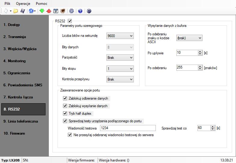 7.8. RS232 7.8.1. Parametry portu szeregowego W celu zapewnienia dodatkowych możliwości przesłania informacji z urządzeń zewnętrznych, urządzenie zostało wyposażone w port szeregowy RS-232.