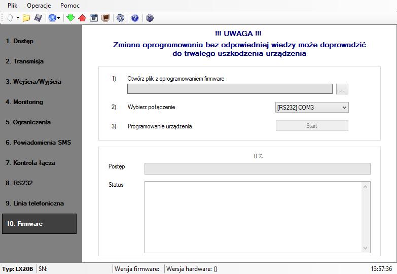 Należy wykonać następujące czynności: a) Uruchomić program konfiguracyjny b) Przejść do opcji Firmware konfiguratora c) Otworzyć plik z nowym firmwarem (kliknięcie przycisku [Otwórz] pozwoli na