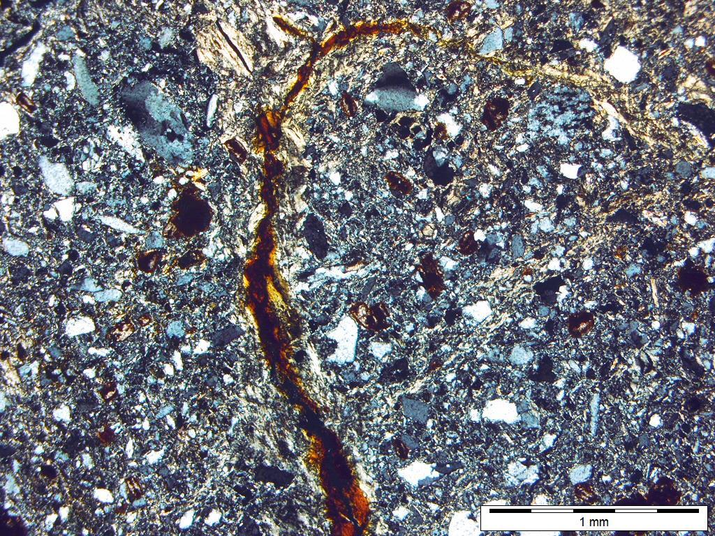 Próbka 1330PW Fot. 4. Fragment szczeliny zabliźnionej minerałami żelaza (ciemnobrązowe) oraz minerałem smektytowym (żółte barwy interferencyjne).