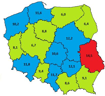 Mapa 2 Zapadalność na gruźlicę płuc potwierdzoną bakteriologicznie w Polsce w 2018 roku wg województw. Współczynniki na 100.000 ludności.