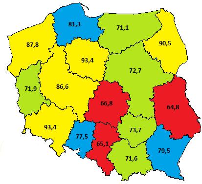 Mapa 3 Udział chorych na gruźlicę płuc potwierdzoną bakteriologicznie wśród ogółu chorych na gruźlicę płuc wg województw. Polska 2018 rok.