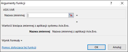 6. Formuły Excel Dodatek Asix Excel rozszerza pulę formuł arkusza o nowe formuły: ASIX.VAR wartość bieżąca zmiennej, ASIX.VAR.HIST wartość archiwalna zmiennej, ASIX.VAR.HIST.N wartości archiwalne N zmiennych, ASIX.