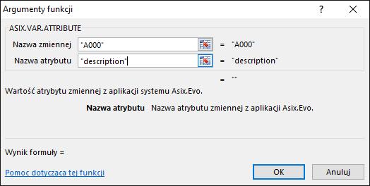 Asix Excel 6.4. Funkcja ASIX.VAR.ATTRIBUTE Funkcja ASIX.VAR.ATTRIBUTE umożliwia wyświetlenie w komórce wartości atrybutu zmiennej aplikacji Asix.Evo. Aby wykorzystać funkcję ASIX.