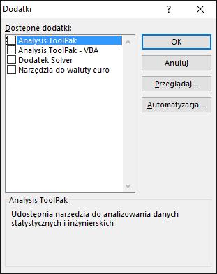 Instalowanie i konfiguracja dodatku Rys. Okno dialogowe Dodatki. 3. Jeśli żądanego dodatku nie ma w polu Dostępne dodatki, trzeba go zainstalować.