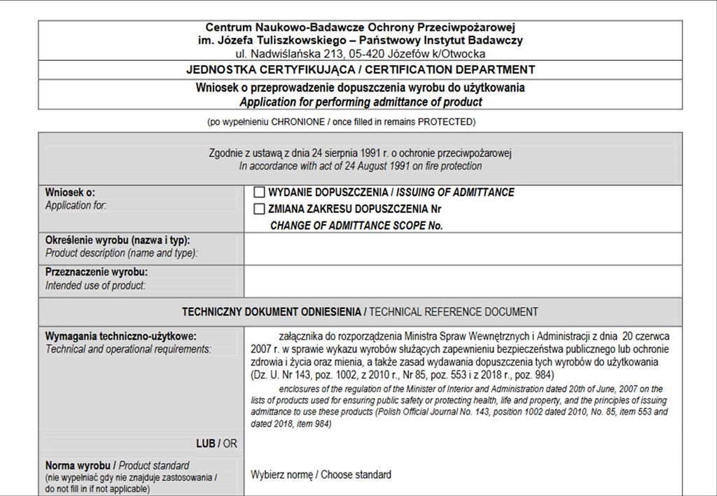 Za pomocą wskazanych pól należy wybrać cel składania wniosku (wydanie dopuszczenia czy zmiana dopuszczenia).