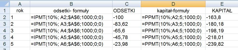 ZADANIE 4 Klient zaciągnął w mbanku kredyt w wysokości 1000 zł, oprocentowany na 10% rocznie, spłacany w pięciu równych rocznych ratach (płatnych na końcu rocznego okresu).