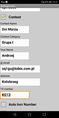 Praca w zawodach Na ekranie Settings zaznaczamy Contest i pojawiają nam się dodatkowe pola do uzupełnienia. Są one potrzebne na koniec pracy do eportu logu.