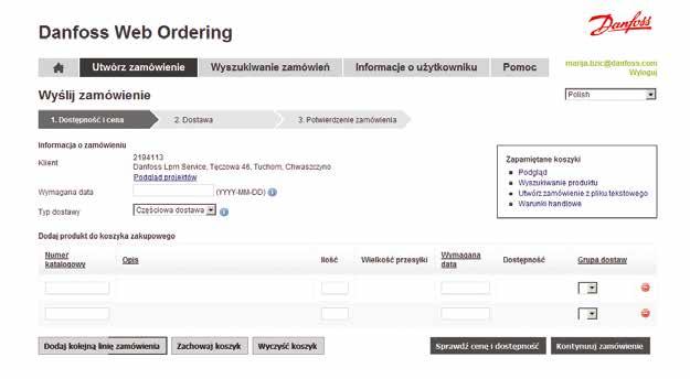 com/ordering Zaloguj się, wprowadzając nazwę użytkownika i hasło, które podano w wiadomości e-mail wysłanej przez firmę Danfoss.