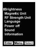 Rysunek 4 - Ekran opcji menu głównego Jasność... Niska, Średnia, Wysoka Jednostka magnetyczna... Gauss / mg, Tesla / μt (używana do testowania mocy elektrycznej (50 / 60Hz)) Jednostka wytrzymałości RF.