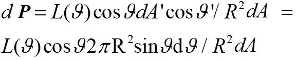 Prawo Lamberta da = 2πrdr = 2πRRsinθdθ Zakładając, że cosθ = 1: Jeśli źródło jest izotropowe, to L nie zależy od θ i