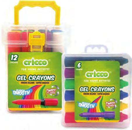 Kredki żelowo-pastelowe 3 w 1, 6 i 12 kolorów Oil-pastel crayons 3 in 1, 6 and 12 colours CR350K6 / CR351K6 / CR352PB12 super miękkie kredki żelowe w wykręcanym sztyfcie intensywne, jasne kolory,