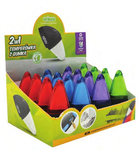 Temperówka z gumką 2w1 2in1 Sharpener with eraser CR221 doskonała do temperowania standardowej grubości kredek i ołówków (8mm) o dowolnym przekroju praktyczny pojemnik na