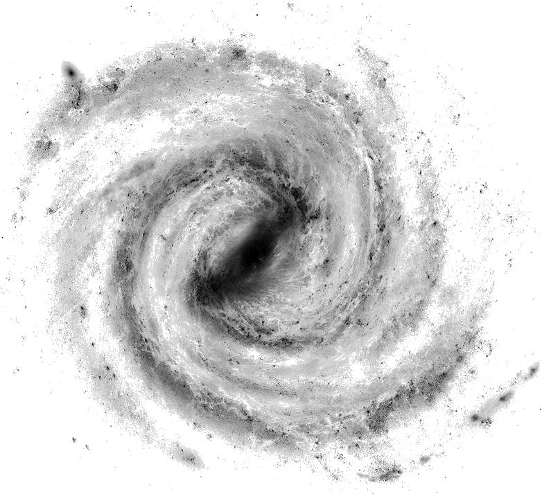 Widok galaktyki roga Mlezna z góry z naniesionymi współrzędnymi galaktyznymi oraz widok z boku.