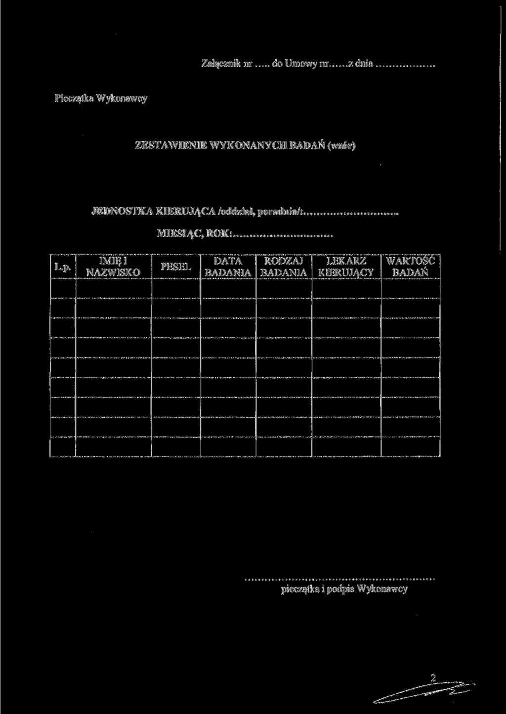 Załącznik nr do Umowy nr z dnia Pieczątka Wykonawcy ZESTAWIENIE WYKONANYCH BADAŃ (wzór) JEDNOSTKA KIERUJĄCA /oddział, poradnia/:.