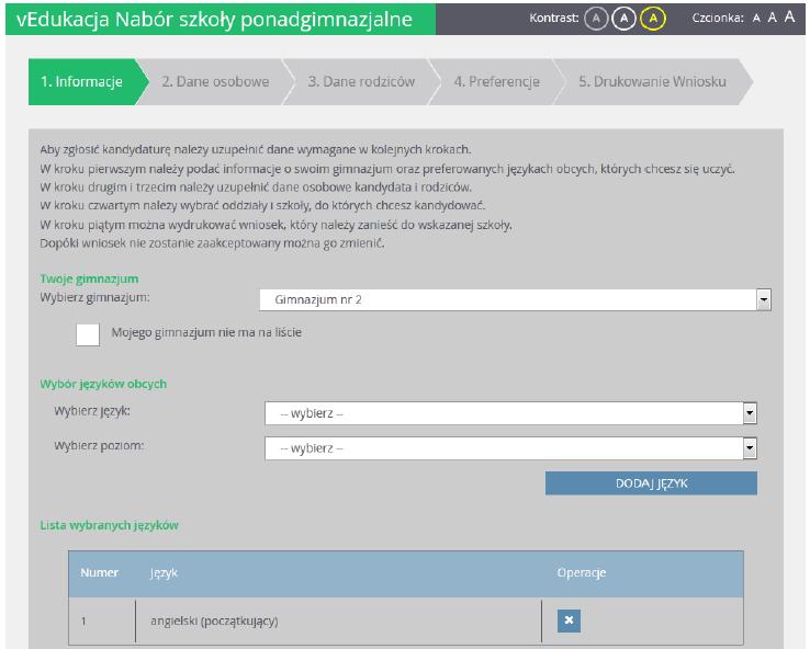KROK 4 Teraz wypełnij formularz Informacje. Uzupełniając pola korzystaj z list rozwijalnych: Wybierz gimnazjum, wybierz język oraz wybierz poziom a następnie kliknij przycisk Dalej.