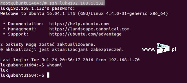 13 (Pobrane z slow7.pl) Połączenie SSH z wykorzystaniem systemu Linux zostało ustanowione.