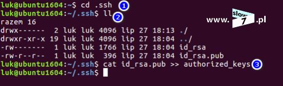 Zapis najlepiej jest wykonać przy wykorzystaniu komendy: cat (polecenie wyświetla zawartość pliku) z przekierowaniem (symbol >>) do pliku authorized_keys.