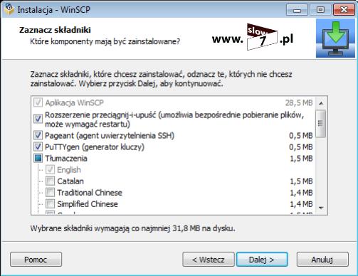 40 (Pobrane z slow7.pl) Wybranie opcji pozwoli nam na określenie komponentów (wraz z językiem interfejsu), które zostaną zainstalowane wraz z programem.