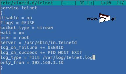 9 (Pobrane z slow7.pl) Jak widać logi serwera Telnet są zapisywane w zdefiniowanym pliku: telnet.