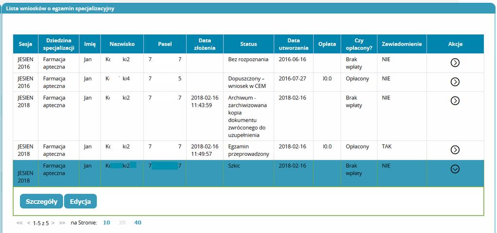 Po wybraniu przycisku Zapisz na wniosku, wniosek jest na liście ze statusem Szkic.