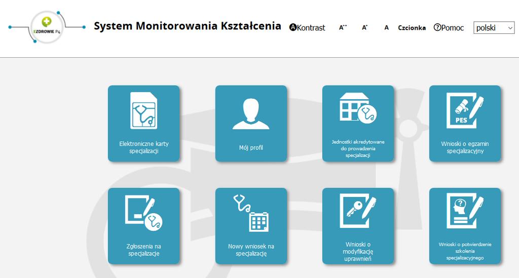 W celu złożenia wniosku o potwierdzenie szkolenia specjalizacyjnego użytkownik wybiera : po zalogowaniu ikonę Wnioski o potwierdzenie szkolenia specjalizacyjnego lub link na głównej stronie Wniosku o