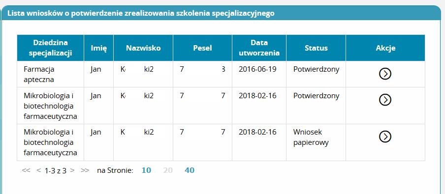 Na liście wniosków o potwierdzenie zrealizowania szkolenia specjalizacyjnego wniosek pojawia się w statusie Wniosek