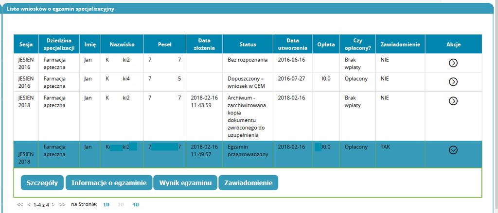 Rysunek 3. Wybór odpowiedniego wniosku o egzamin specjalizacyjny PESF, PESOZ, PESDL Przycisk Szczegóły przenosi użytkownika do ekranu podglądu danych podstawowych.