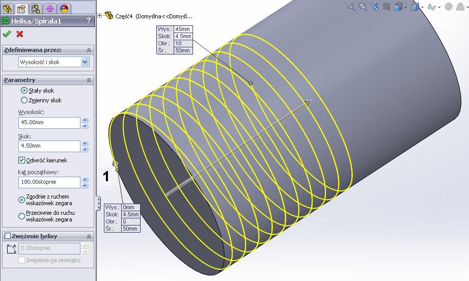 Helisa Aby utworzyć spiralę (linię śrubową w przestrzeni) musimy - narysować okrąg (czyli średnicę spirali), a następnie - określić długość (SW nazywa ją Wysokością) spirali i - jej skok.
