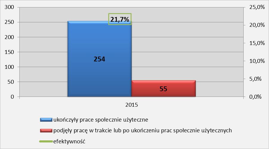 e) Prace społecznie użyteczne W 2015 r. prace społecznie użyteczne ukończyło 254 młodych bezrobotnych.