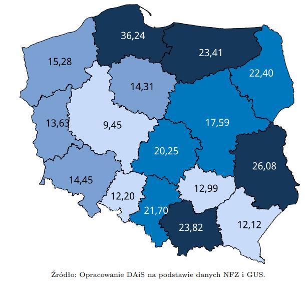 Rycina 4. Wskaźnik chorobowości rejestrowanej na wrodzone zaburzenia krzepnięcia i skazy krwotoczne na 100 tys.