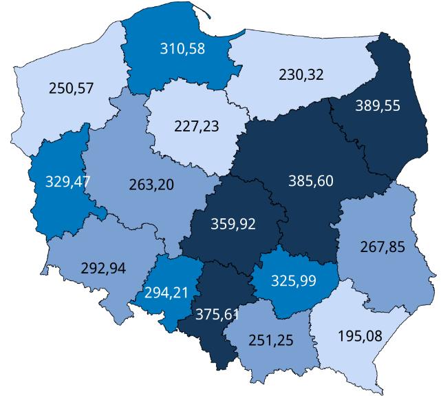 Rycina 6. Wskaźnik chorobowości rejestrowanej na nabyte zaburzenia krzepnięcia i skazy krwotoczne na 100 tys.