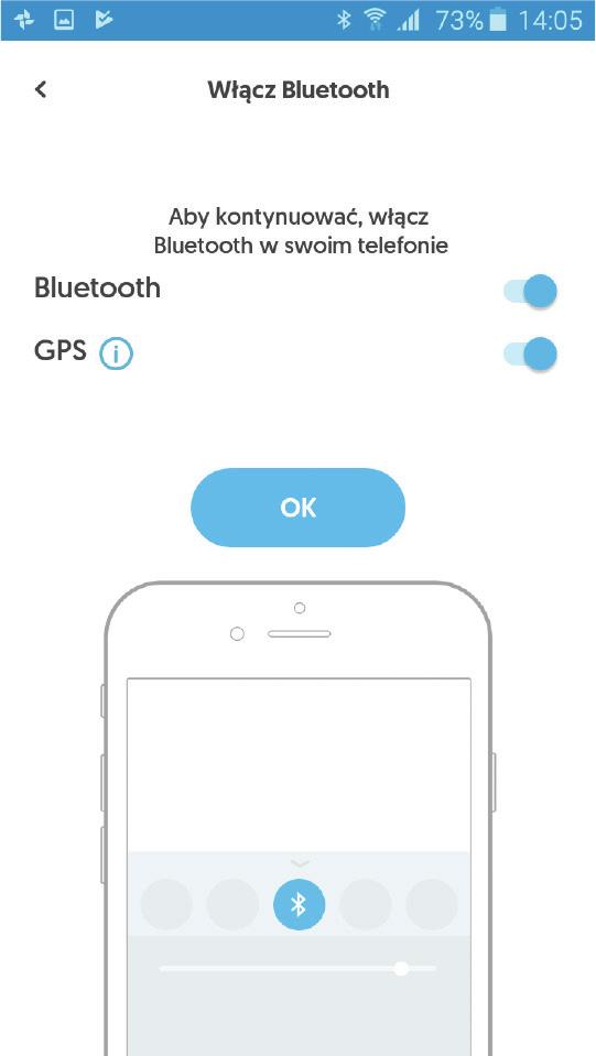 Łączenie telefonu z urządzeniem AioCare Po włączeniu modułu Bluetooth w telefonie, aplikacja pozwoli przejść do następnego kroku łączenia telefonu z urządzeniem.
